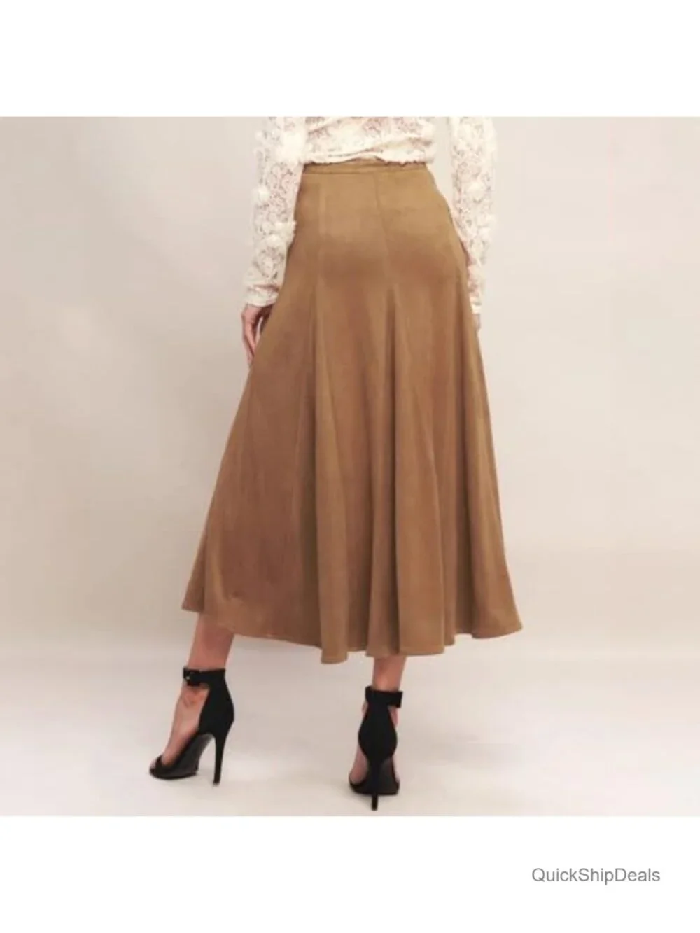 Faux Suede Midi Skirt High Waisted Ruffle A Line Flared Fall Winter Long